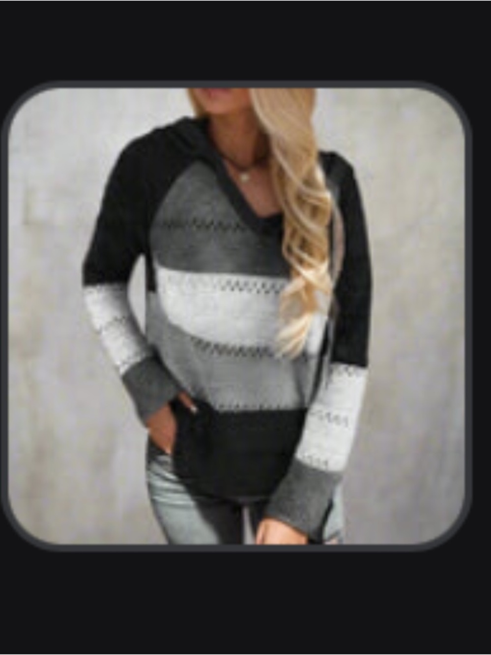 Boho Patchwork Pullover Sweater - V-Neck Hoodie - Black, Gray, and White